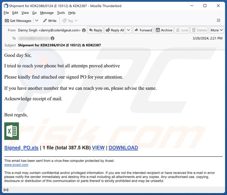 Signed PO (Purchase Order) email spam campaign