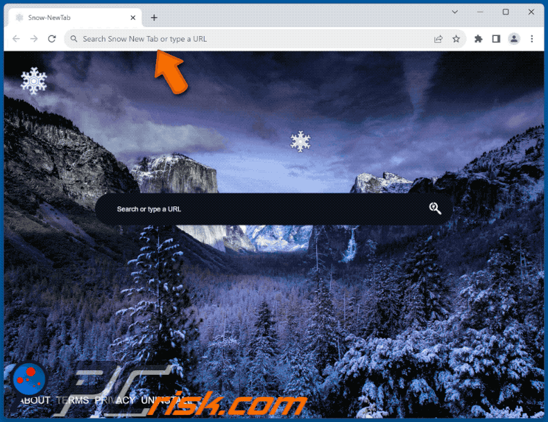 Snow New Tab browser hijacker redirecting to Bing (GIF)