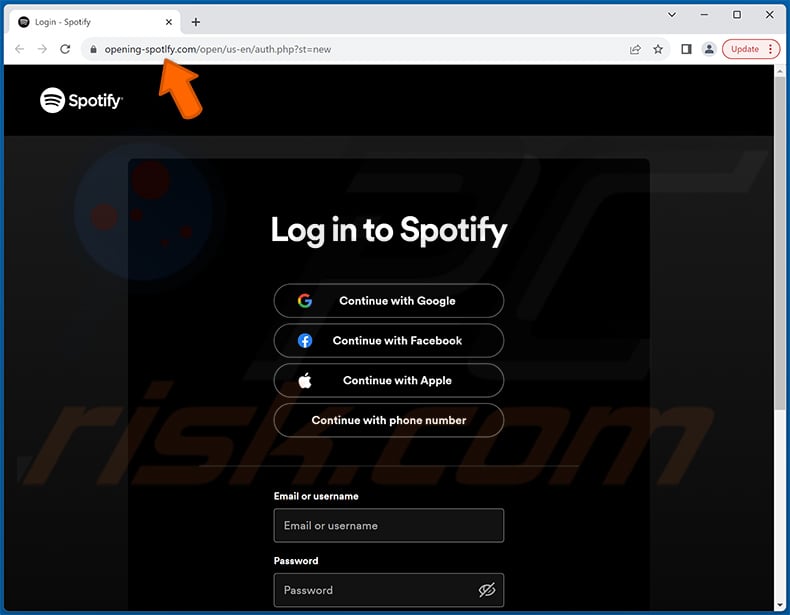 Phishing site (opening-spotlfy[.]com) promoted via Spotify-themed spam email (2024-03-26)