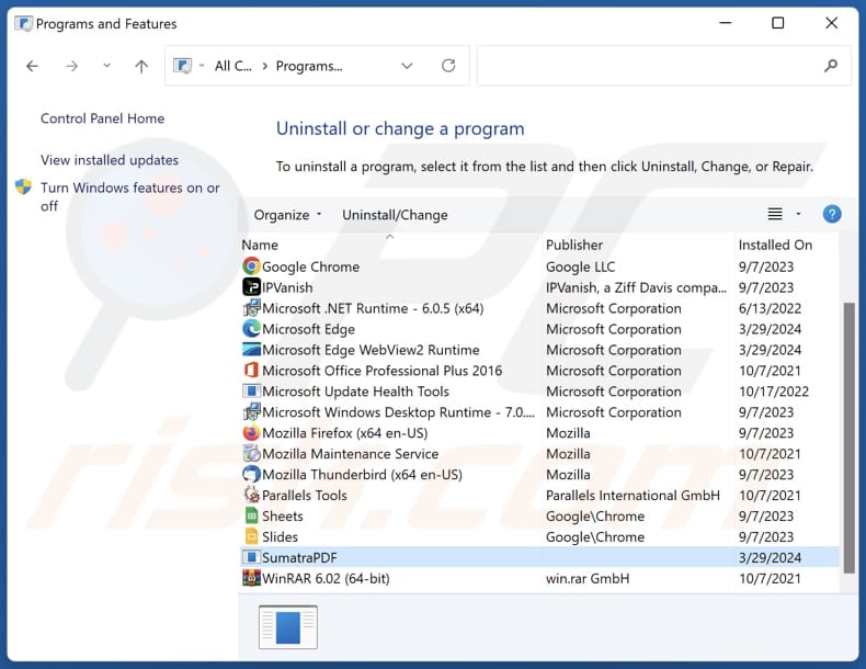 SumatraPDF uninstall via Control Panel