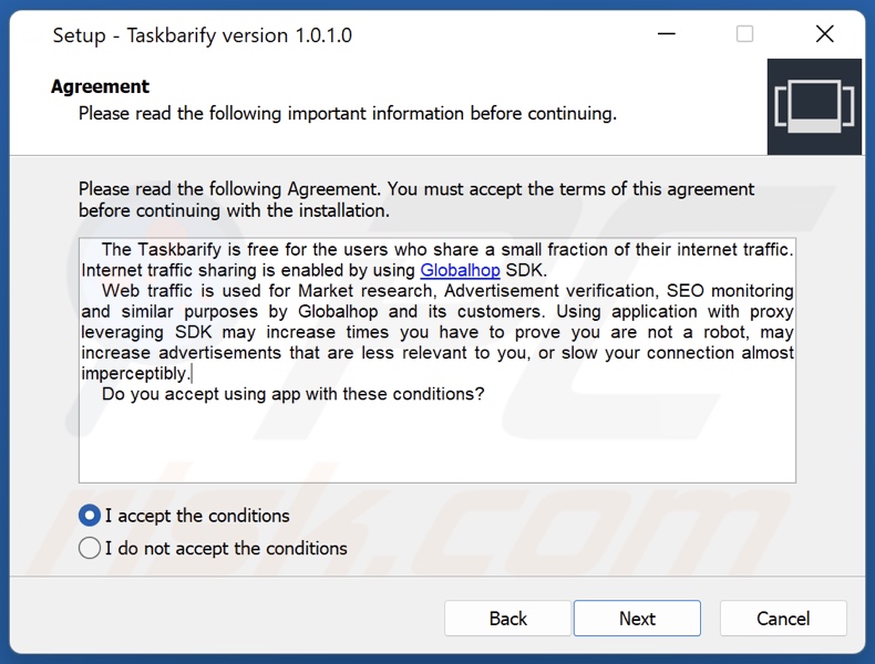 Taskbarify PUA installation setup