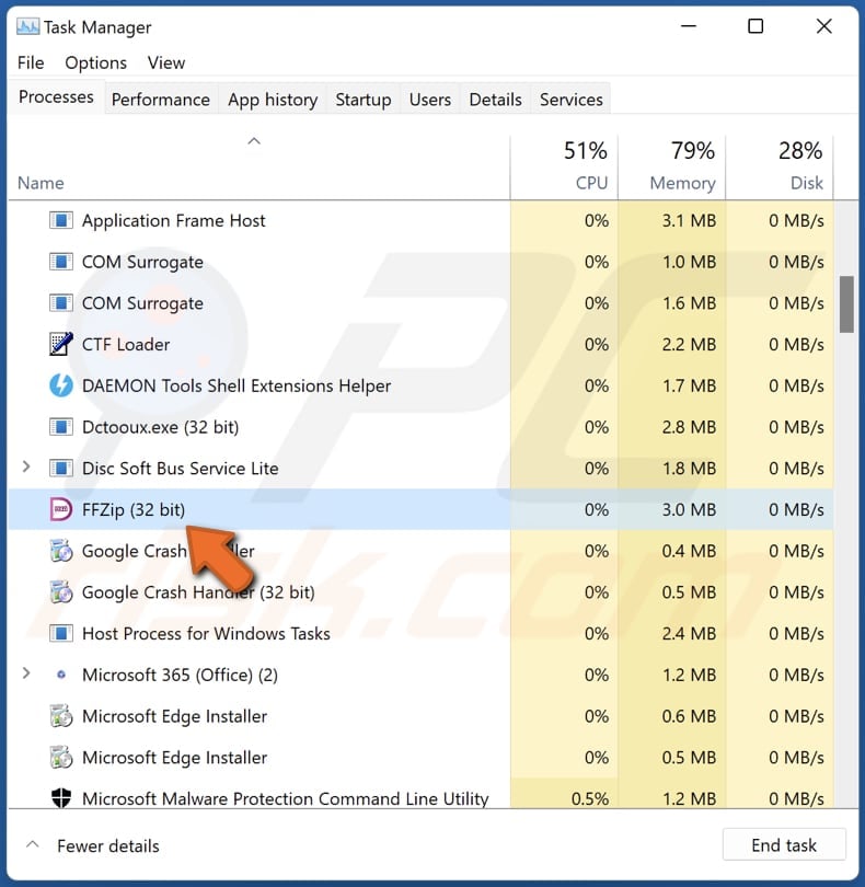 Text Ultra Edit running in the Task Manager as running in Task Manager as FFZip