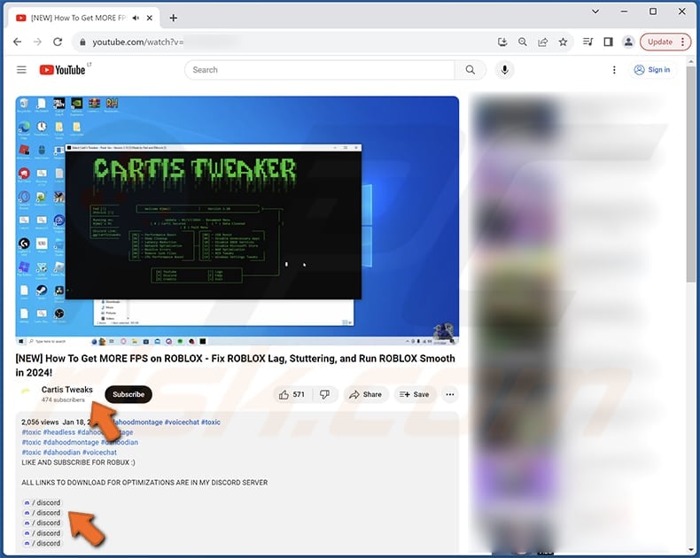 Tweaks stealer YouTube video description promoting the malware