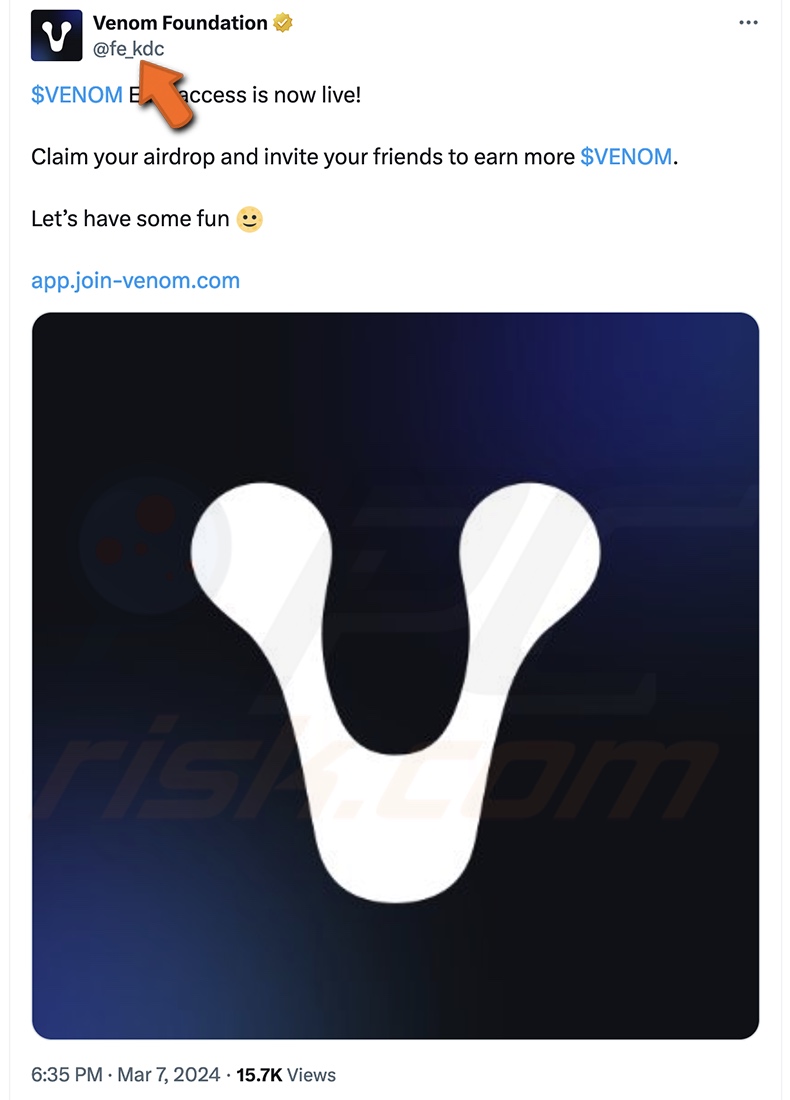 Fake Venom Foundation X (Twitter) account promoting VENOM Airdrop scam