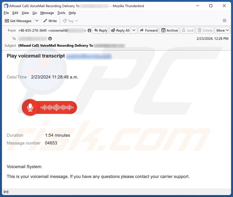 Voicemail Transcript email spam campaign