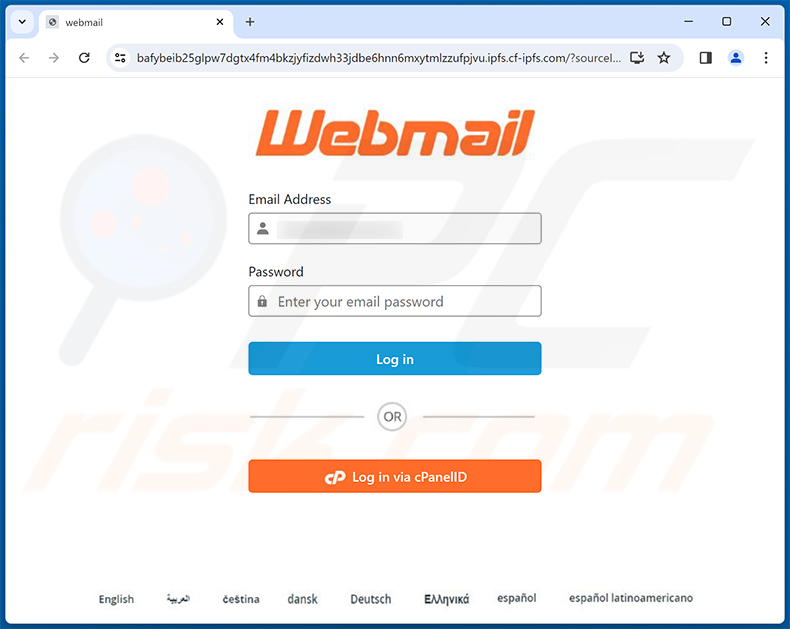 Phishing site promoted via Webmail Center email scam (2024-03-19)