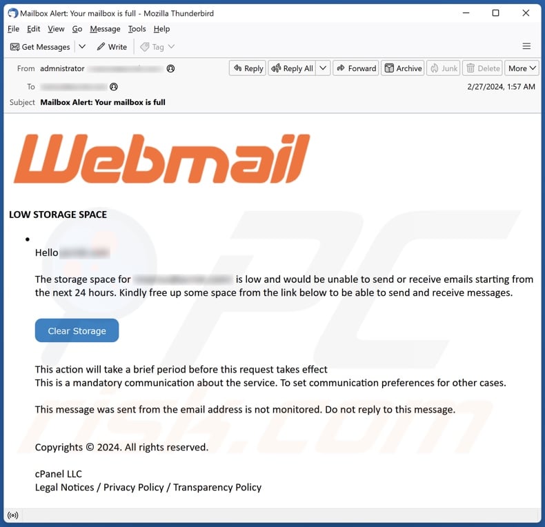 Webmail - Low Storage Space email spam campaign
