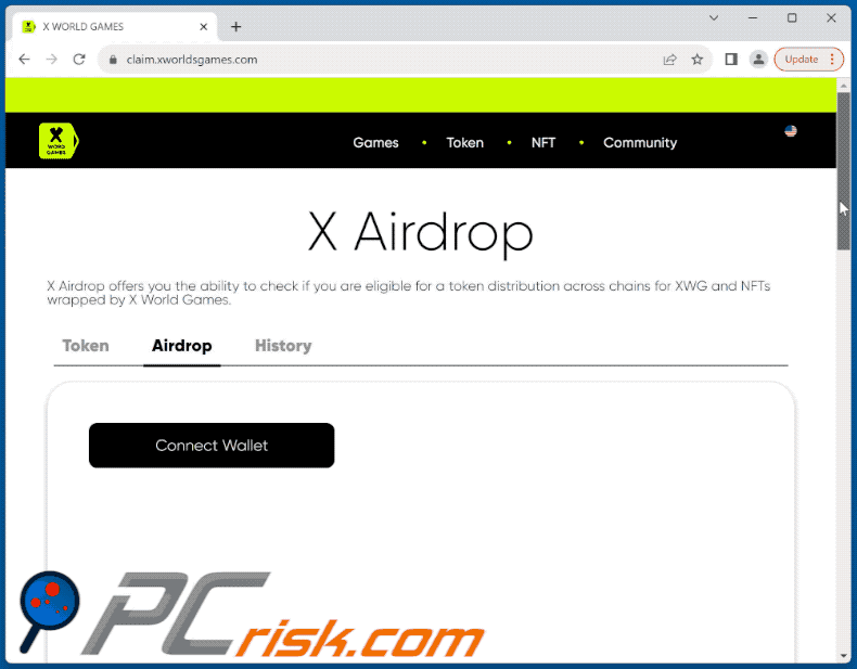 Appearance of X World Games Airdrop scam (GIF)