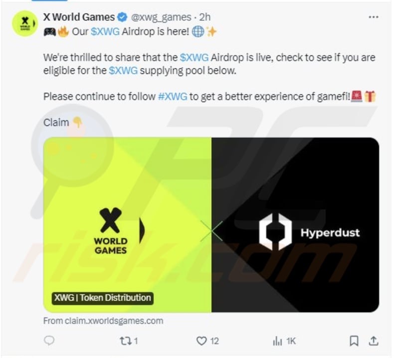 X World Games Airdrop scam promoted using hacked X World Games account on the X (Twitter) social media platform