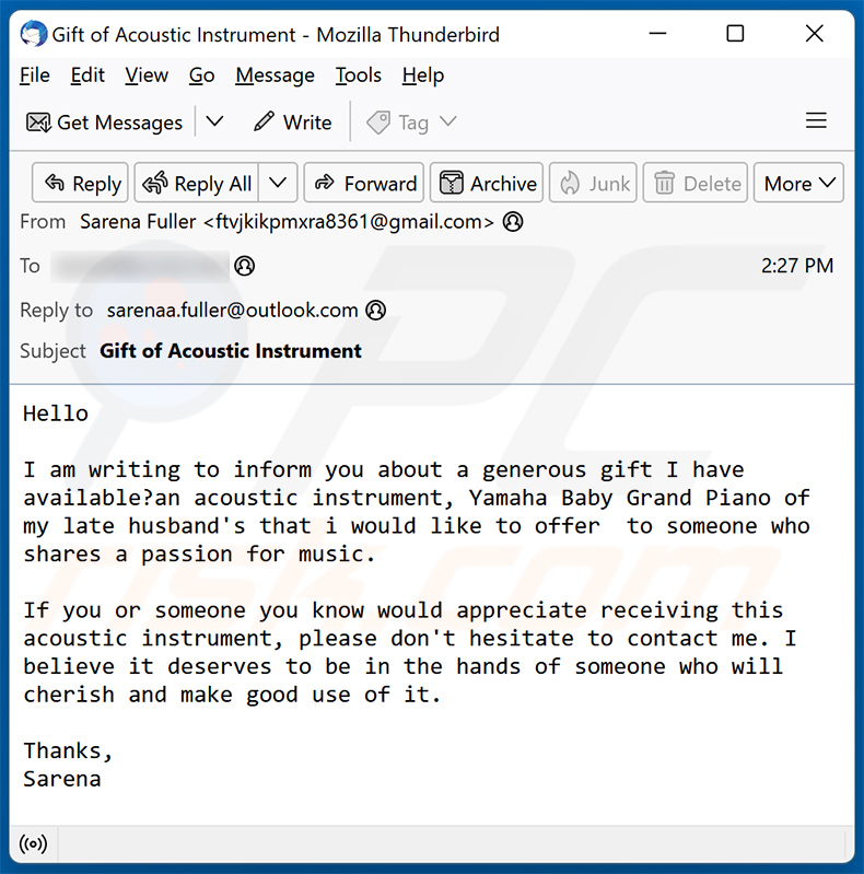 Yamaha Baby Grand Piano Email Scam (2024-03-04)