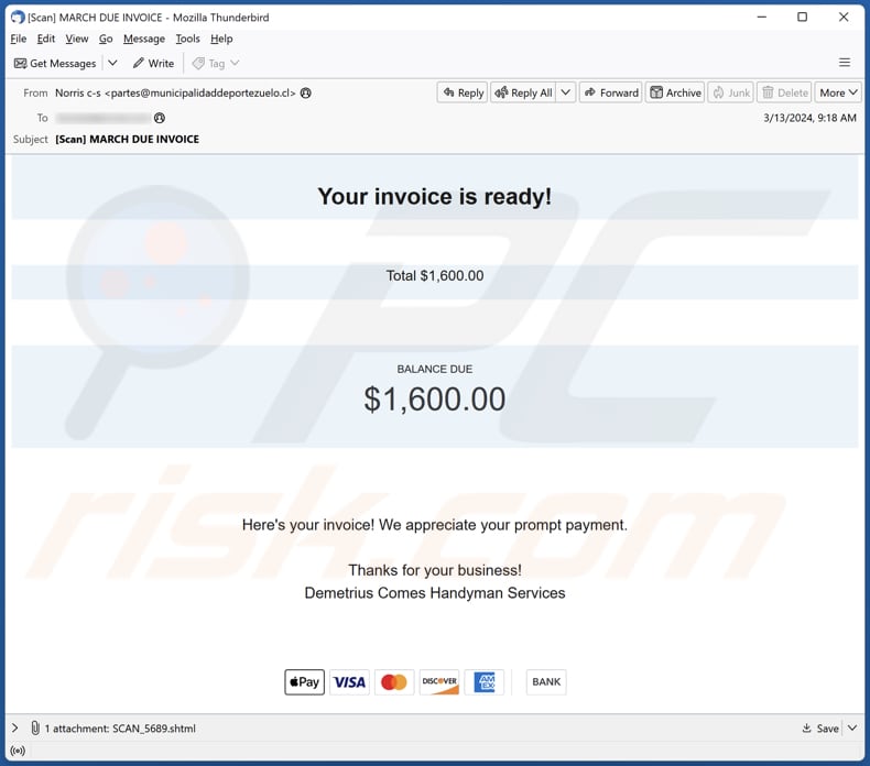 Your Invoice Is Ready email spam campaign