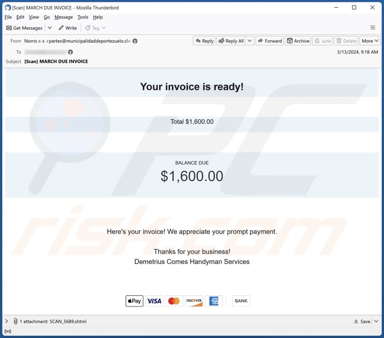 Your Invoice Is Ready email spam campaign