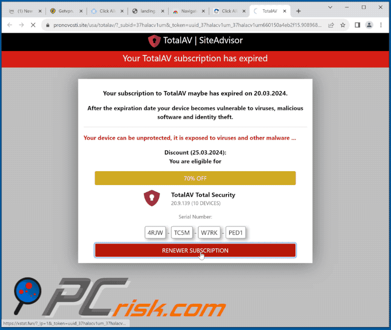 Appearance of Your TotalAV Subscription Has Expired scam (GIF)