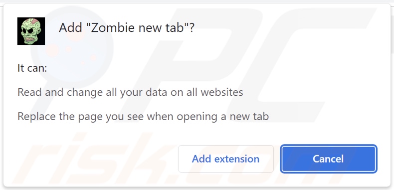 Zombie new tab browser hijacker asking for permissions