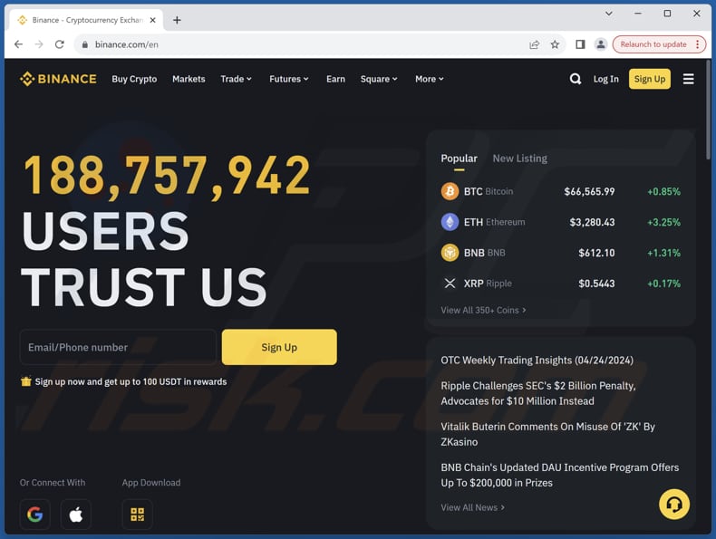 Binance's Token Launch real website (binance.com)