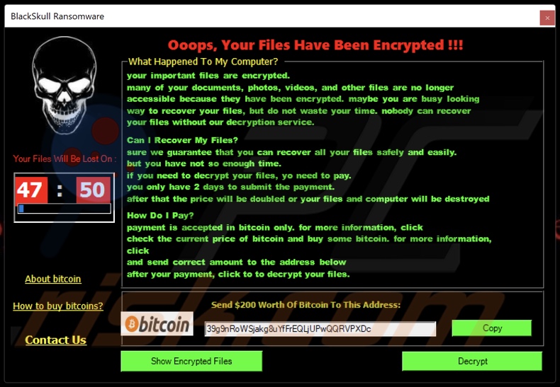 BlackSkull ransomware ransom note (pop-up)