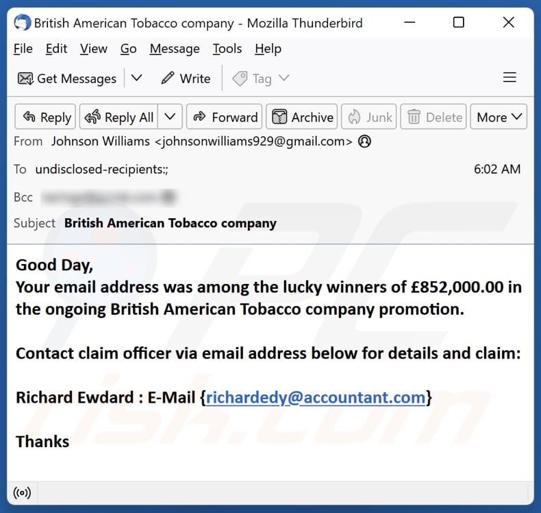 British American Tobacco Company Promotion email spam campaign
