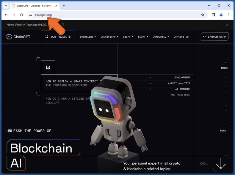 Appearance of the real ChainGPT website (chaingpt.org)