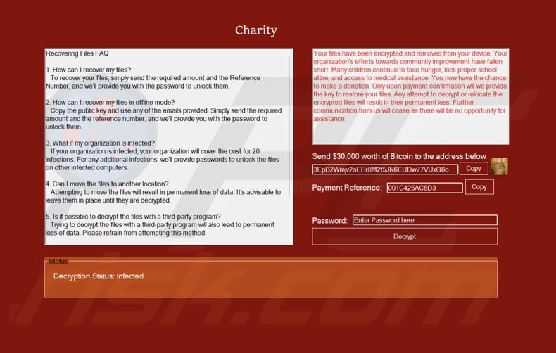 Charity ransomware ransom note (fullscreen message)