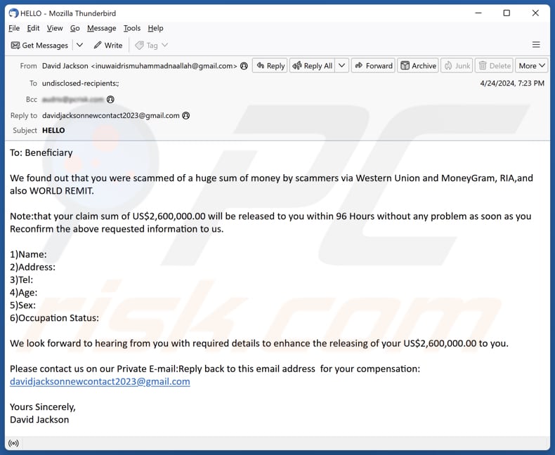 Claim Sum Release email scam