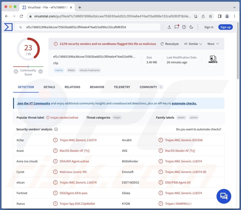 ClipWallet malware detections on VirusTotal