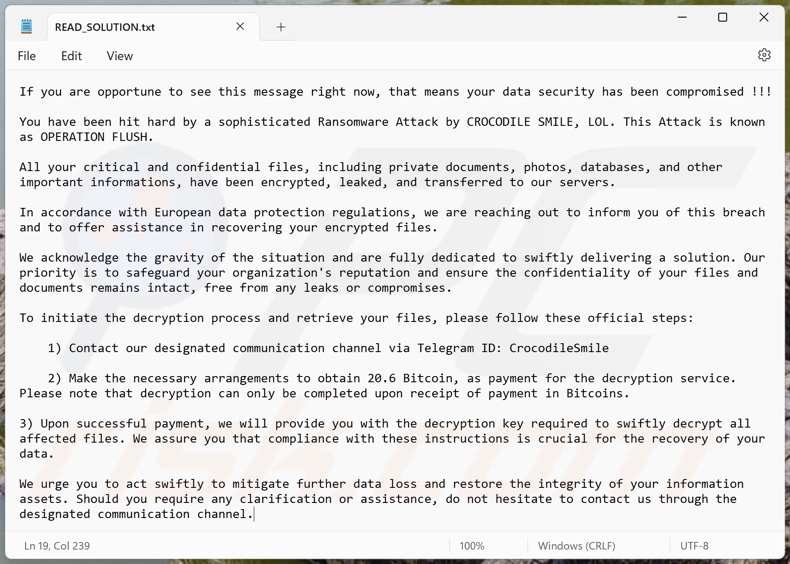 Crocodile Smile ransomware ransom note (READ_SOLUTION.txt)