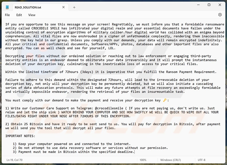 Crocodile Smile ransomware updated ransom note (