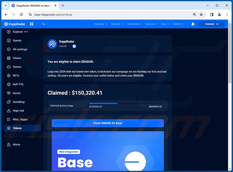 DappRadar Airdrops scam drainer website (base-dappradar[.]com)