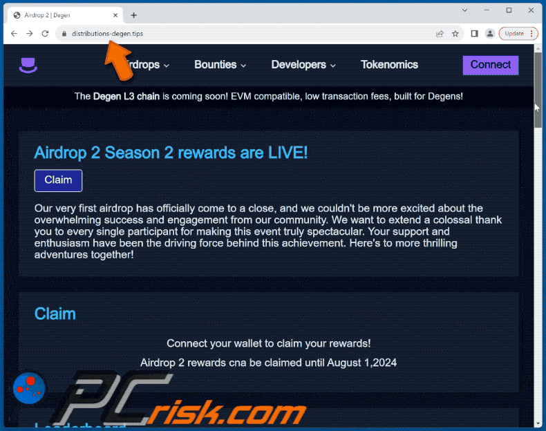 Appearance of Degen Airdrop 2 scam