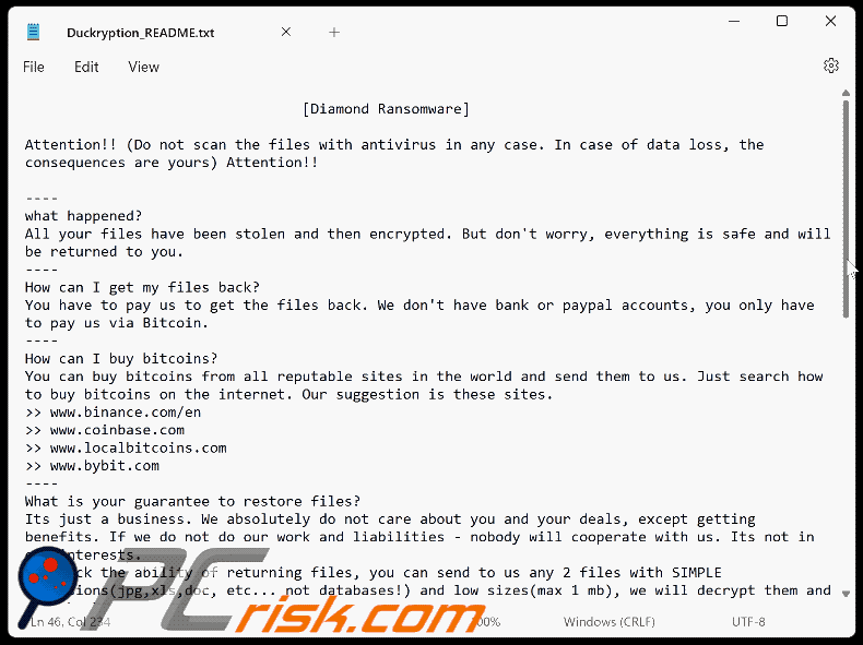 Diamond (Duckcryptor) ransomware text file (Duckryption_README.txt) GIF