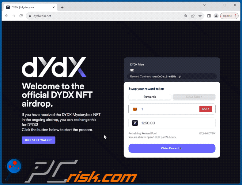 Appearance of DYDX NFT Airdrop scam (GIF)