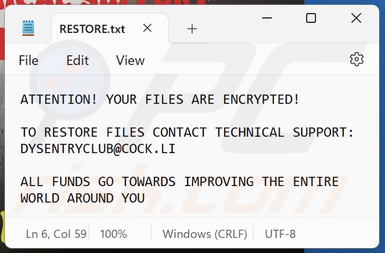 DysentryClub ransomware text file (Restore.txt)