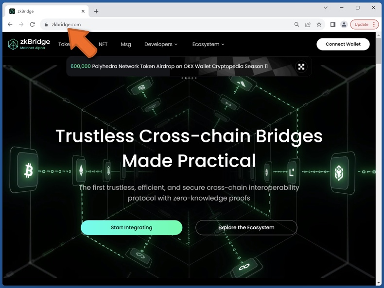 Appearance of the real zkBridge website (zkbridge.com)