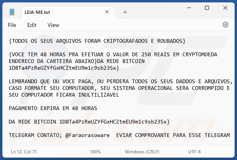 Farao ransomware ransom note (LEIA-ME.txt)