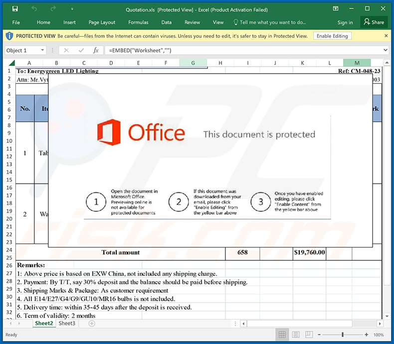 Malicious MS Excel document distributed via Final Price email scam (2024-04-08)