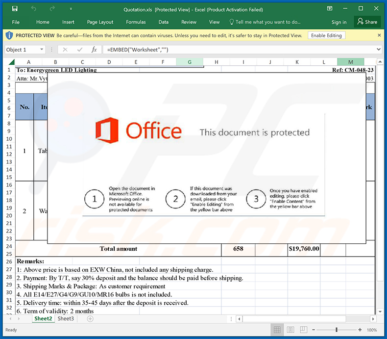 Malicious MS Excel document distributed via Final Price email scam (2024-04-08)