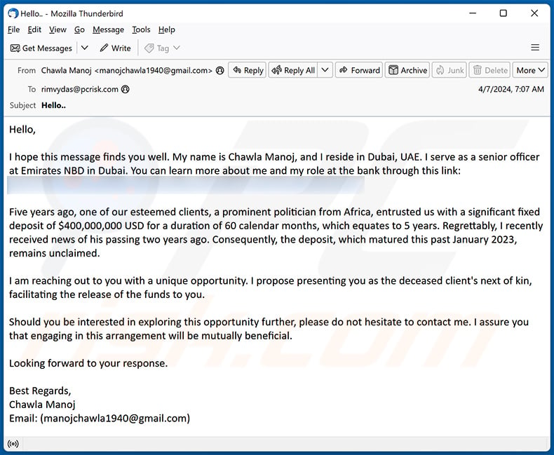 Fund Release email scam (2024-04-08)