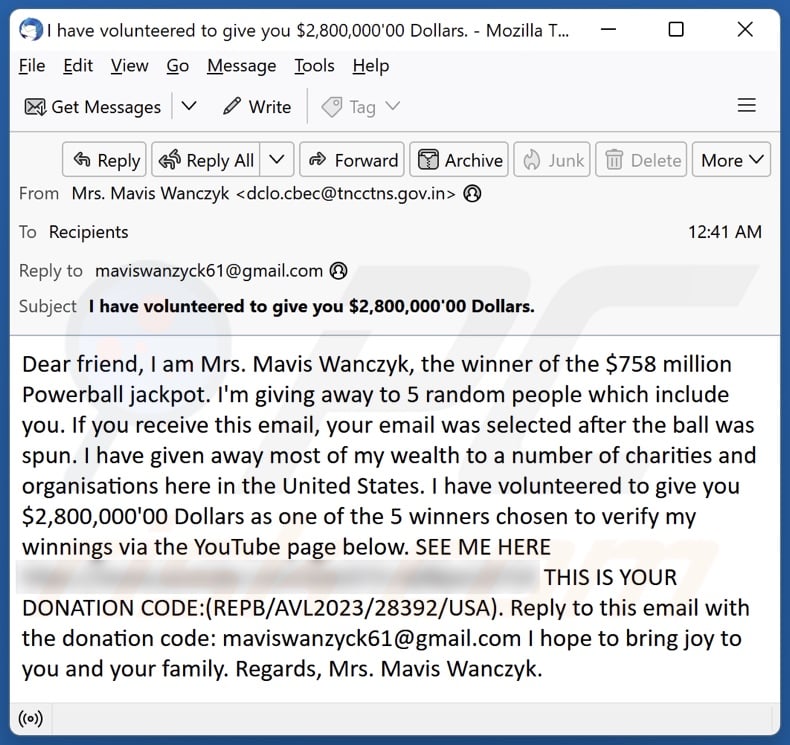 Giveaway Of Lottery Winnings email spam campaign
