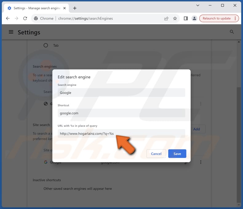Removing hogarlainz.com from Google Chrome default search engine