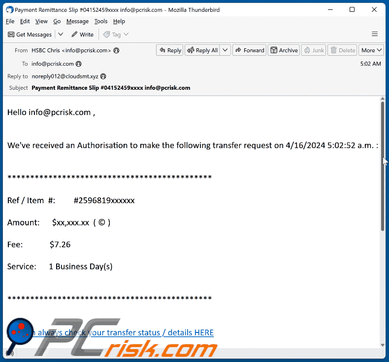 HSBC Transfer Request scam email appearance (GIF)