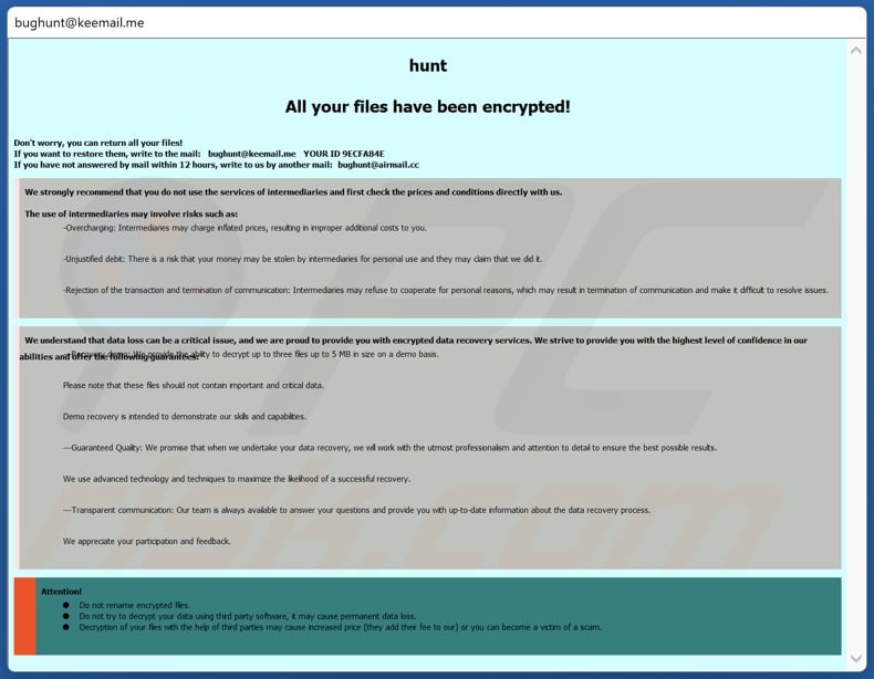 Hunt ransomware ransom note (pop-up)
