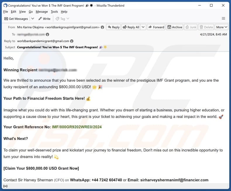 IMF Grant Program email spam campaign