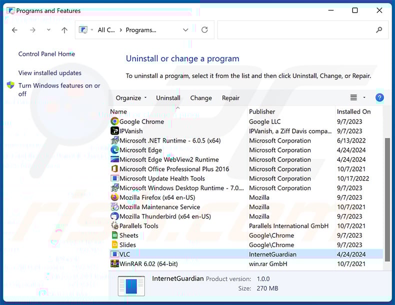 InternetGuardian uninstall via Control Panel