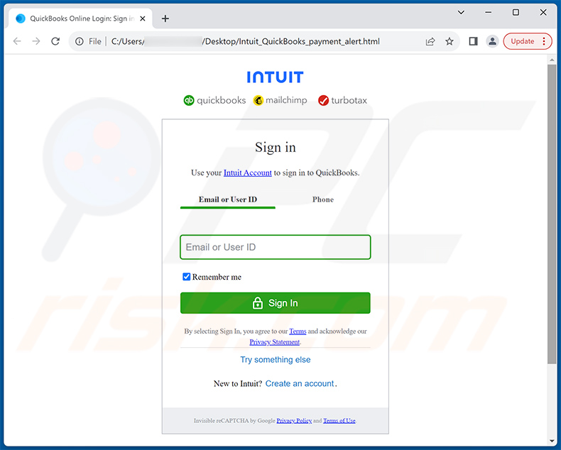 Phishing HTML document distributed via Intuit QuickBooks Invoice scam email (2024-04-02)