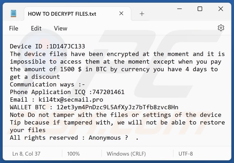L00KUPRU ransomware text file (HOW TO DECRYPT FILES.txt)