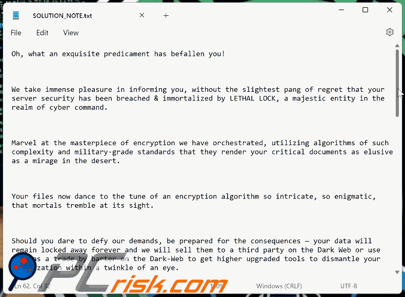 Lethal Lock ransomware text file (SOLUTION_NOTE.txt)