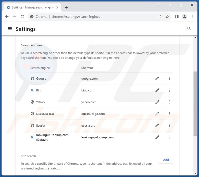 Removing lookingup-lookup.com from Google Chrome default search engine