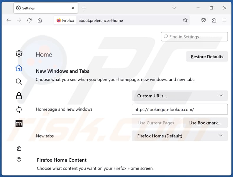 Removing lookingup-lookup.com from Mozilla Firefox homepage