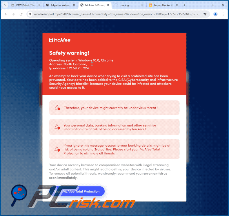 McAfee Safety Warning pop-up scam apperance