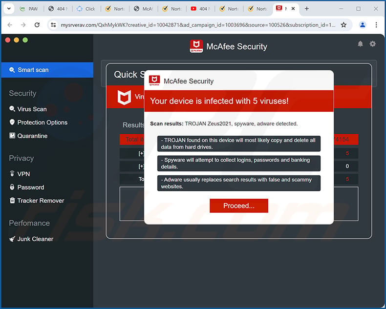 McAfee - Your PC is infected with 5 viruses! pop-up scam (2024-04-26)